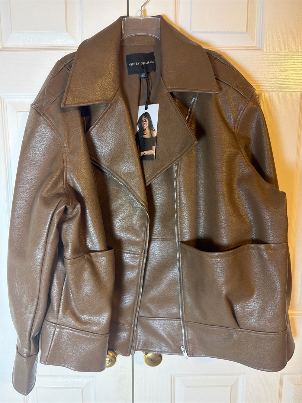 Ashley Graham Brown Faux Leather Moto Jacket Womens 2X Asymmetric Zip $240 NWT - Picture 2 of 14